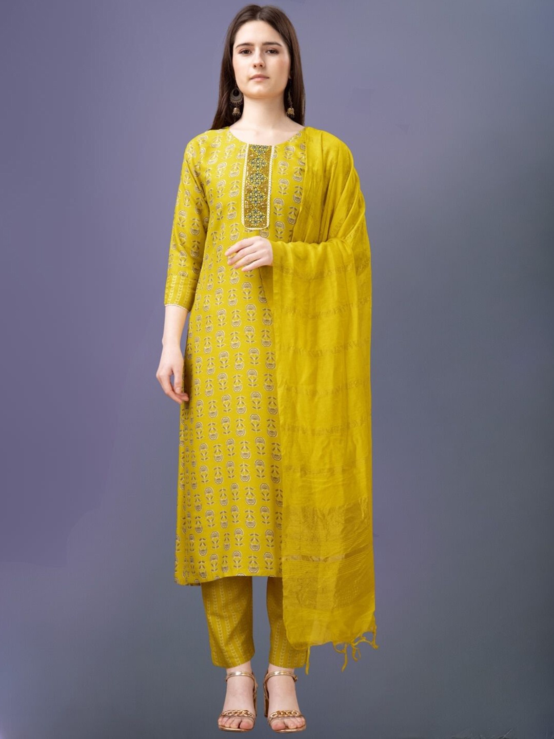 

MAGMINA Ethnic Motifs Printed Straight Sequinned Kurta with Trousers & Dupatta, Yellow