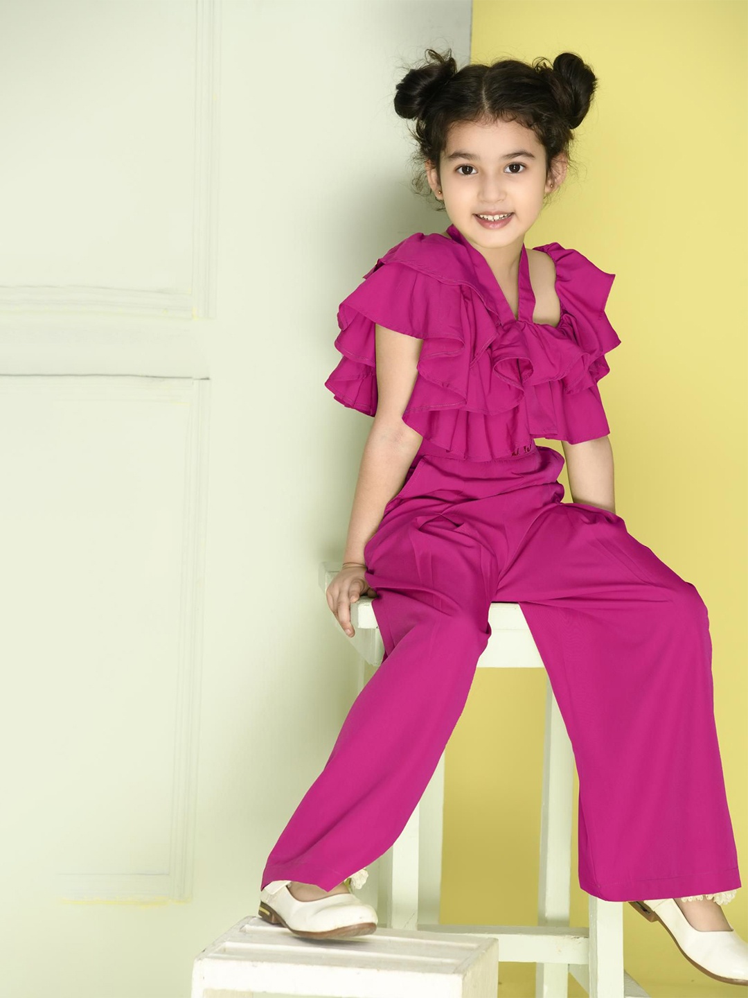 

RANJ Girls Off-Shoulder Basic Jumpsuit with Ruffles, Pink