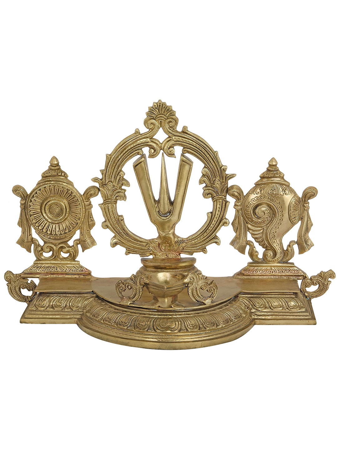 

Exotic India Superfine Three Vaishnava Symbols Conch, Tilak and Chakra Wick Lamp, Gold