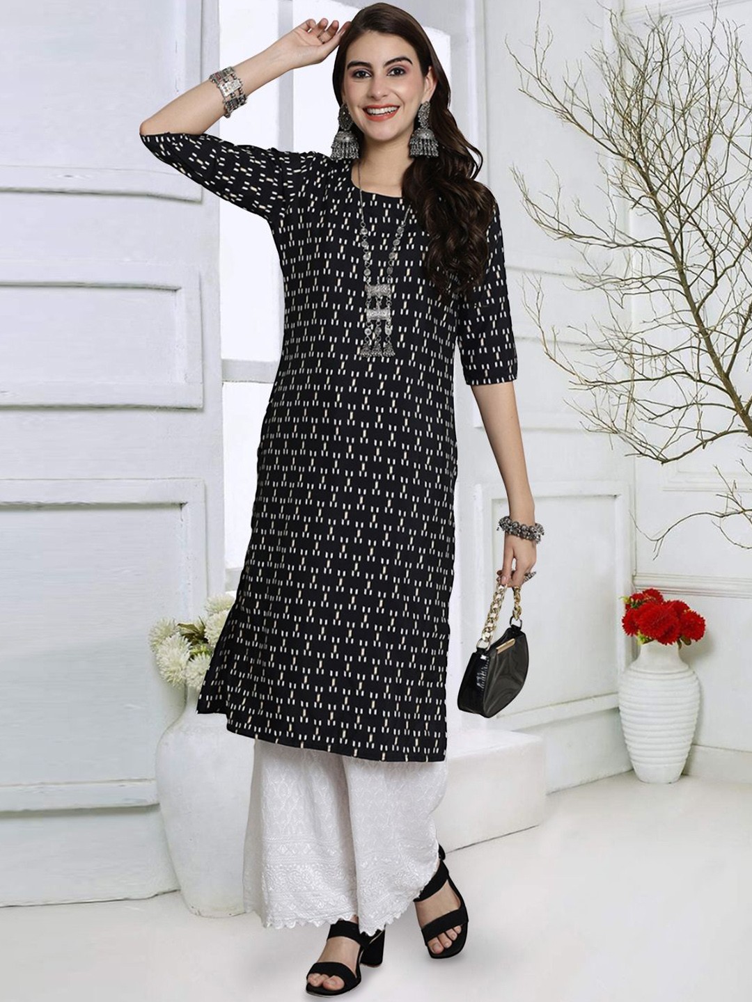 

7Threads Geometric Printed Straight Kurta, Black