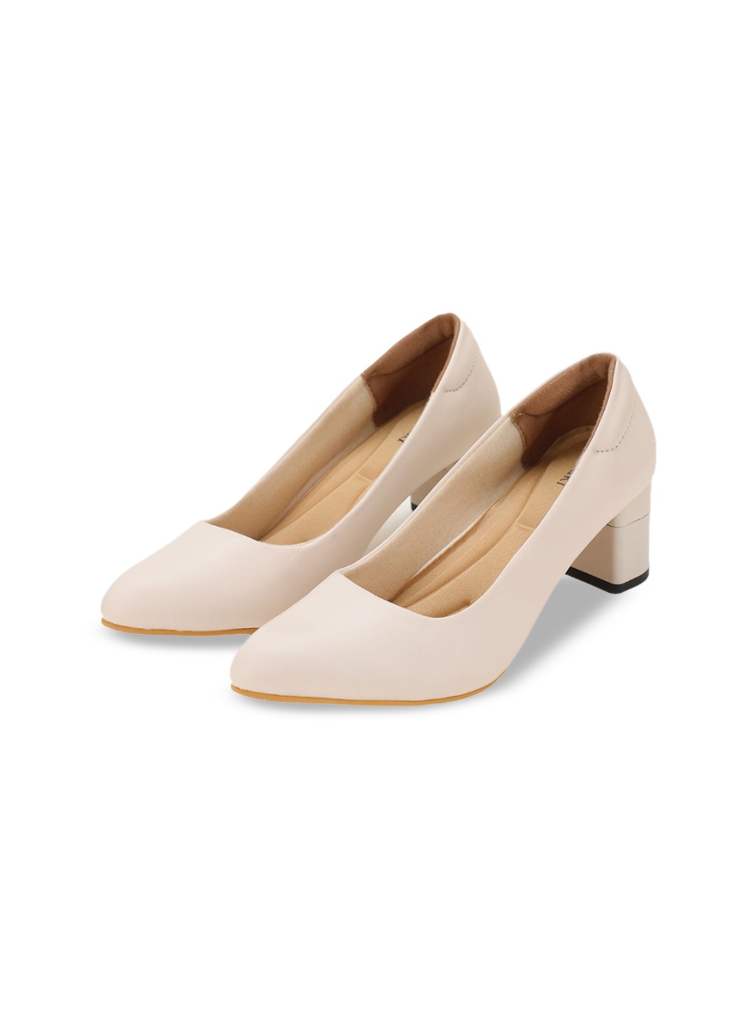 

RASHKI PU Work Pointed Toe Block Heel Pumps, Cream
