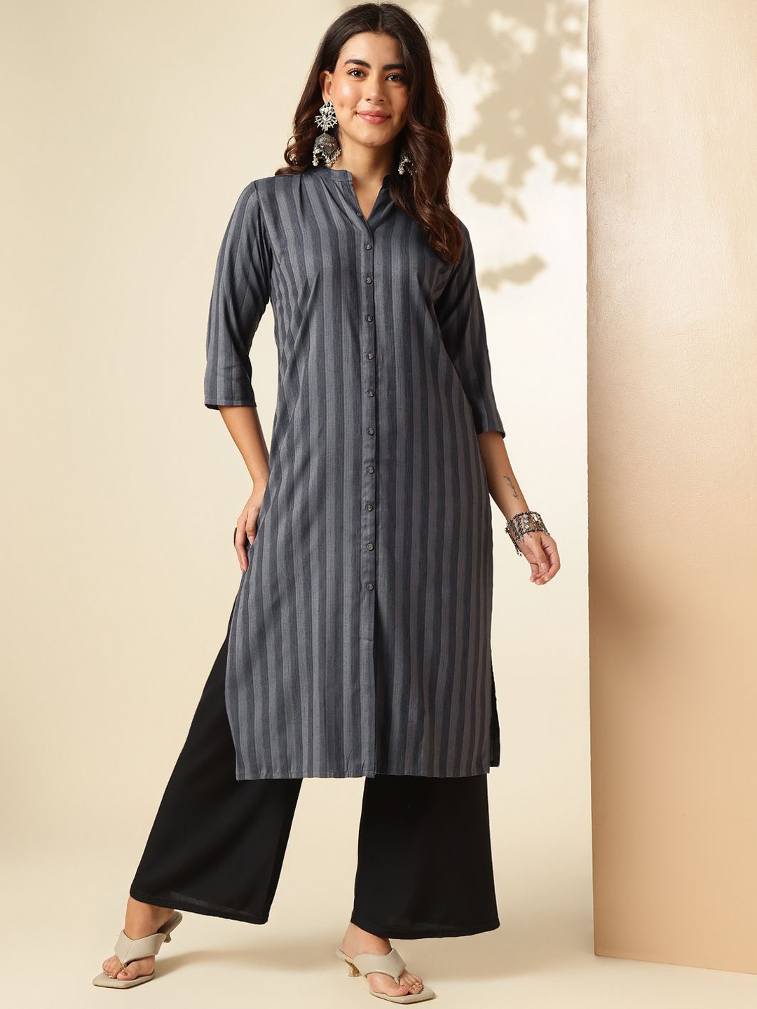 

Anouk Rustic Striped Woven Design Thread Work Straight Kurta, Charcoal