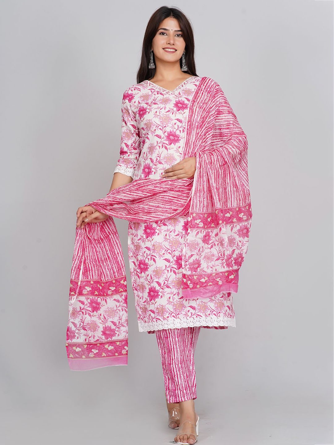 

KALINI Floral Printed Kurta with Trousers & Dupatta, White