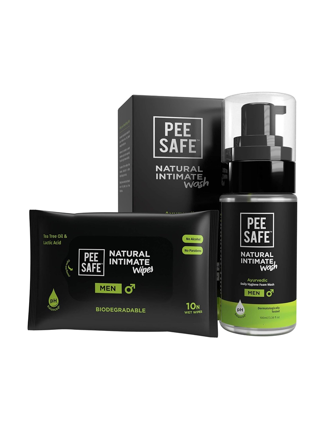 

PEESAFE Skin Friendly Natural Intimate Wash-100ml & Wipes-10 Pcs, Green