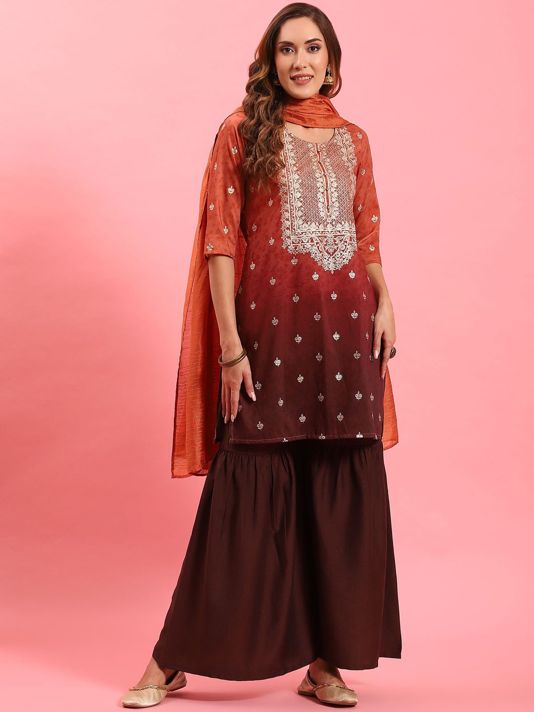 

Shree Floral Embroidered Thread Work Liva Straight Kurta With Sharara & Dupatta, Rust