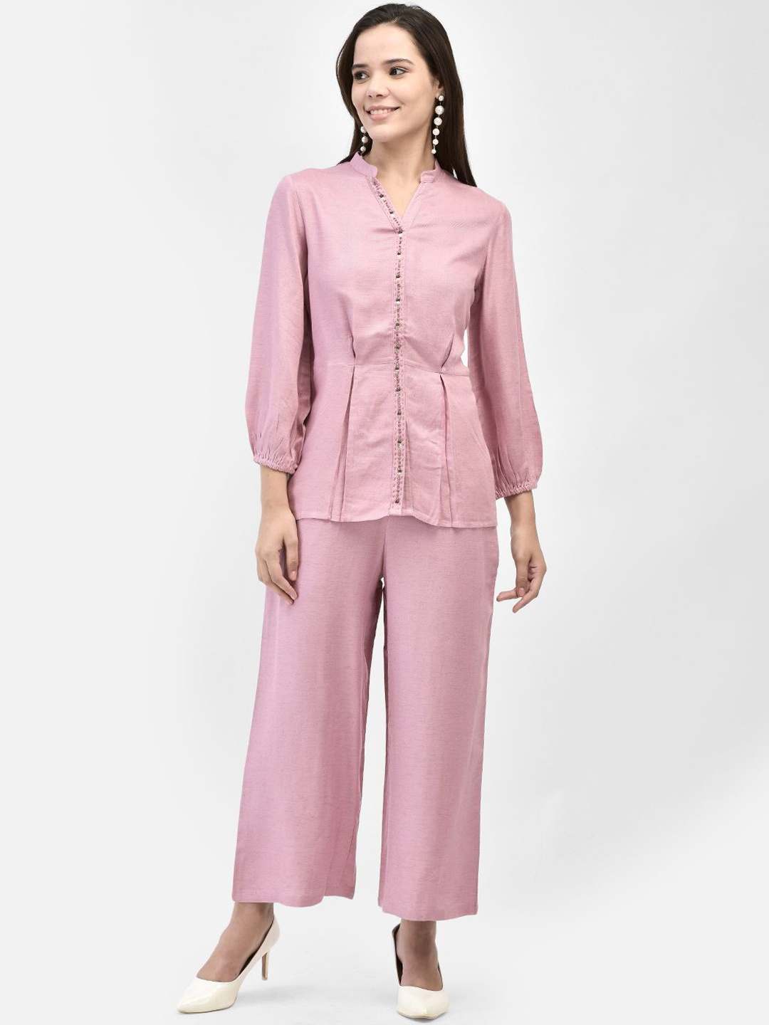 

FUTURO V-Neck Puff Sleeves Top With Trousers, Pink