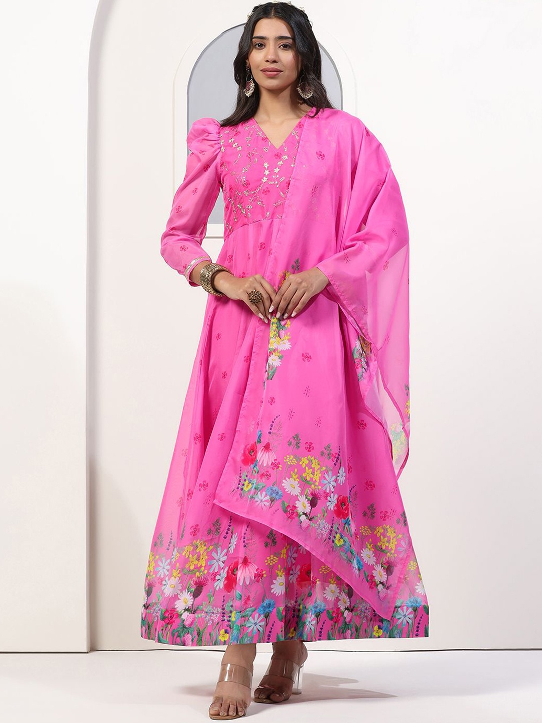 

BAESD Floral Printed Fit & Flare Ethnic Dress With Dupatta, Pink