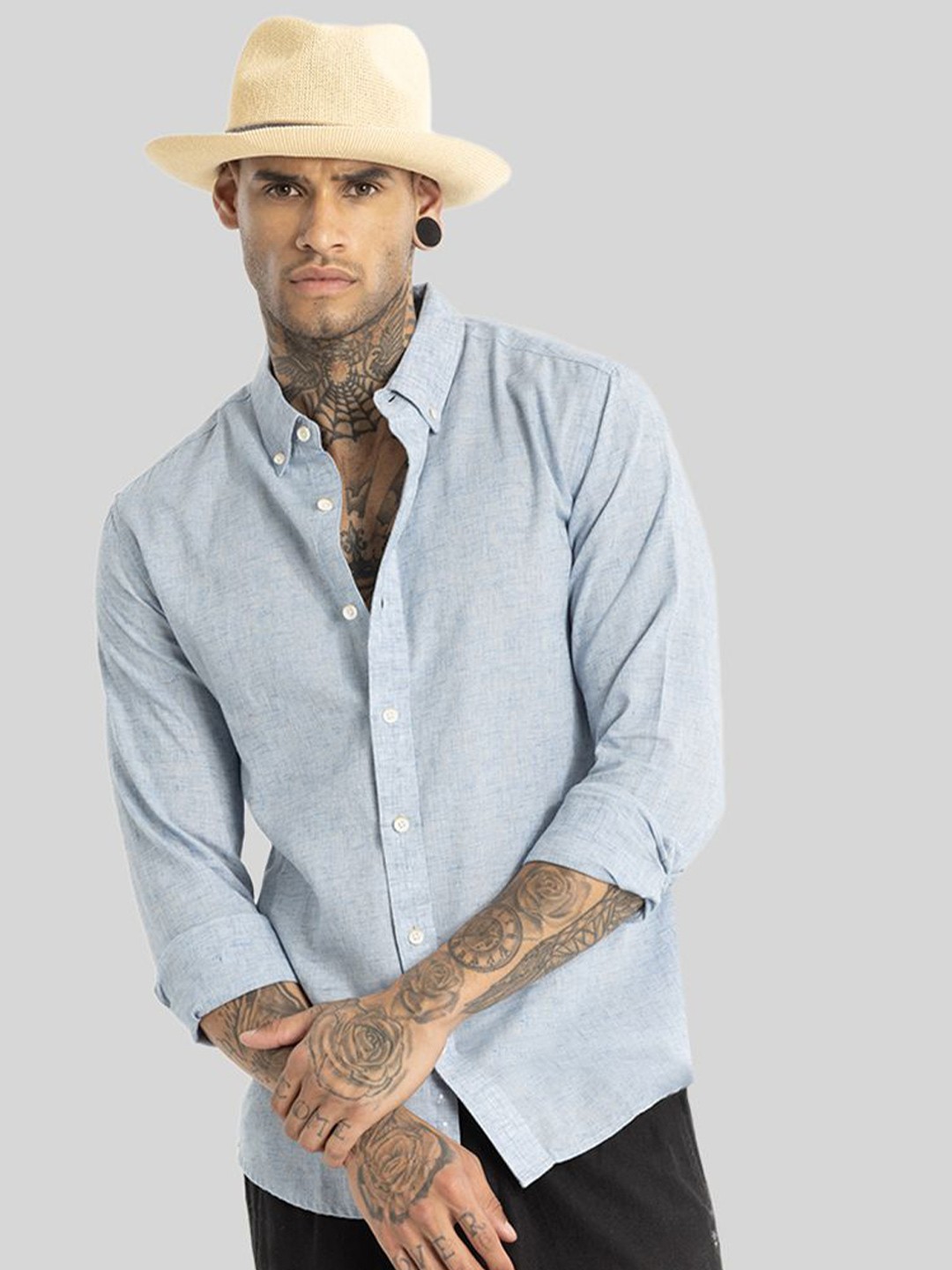 

Snitch Men Smart Button-Down Collar Solid Lyocell Slim Fit Casual Shirt, Blue