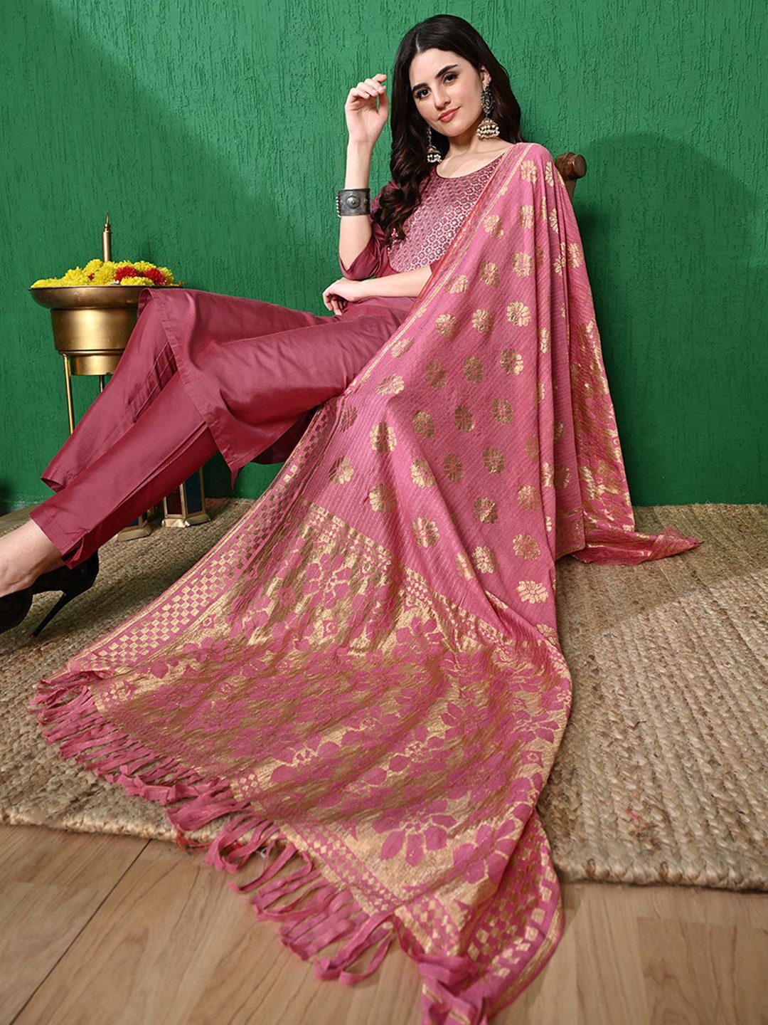 

Sangria Floral Yoke Design Sequinned Kurta with Trousers & Dupatta, Pink