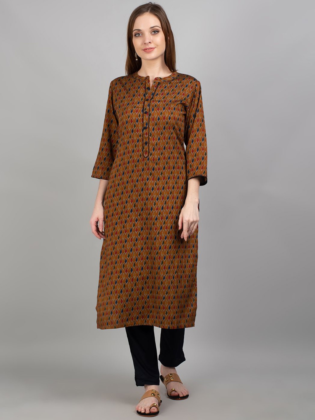 

Shree Geometric Printed Mandarin Collar Liva Straight Kurta With Trousers, Mustard