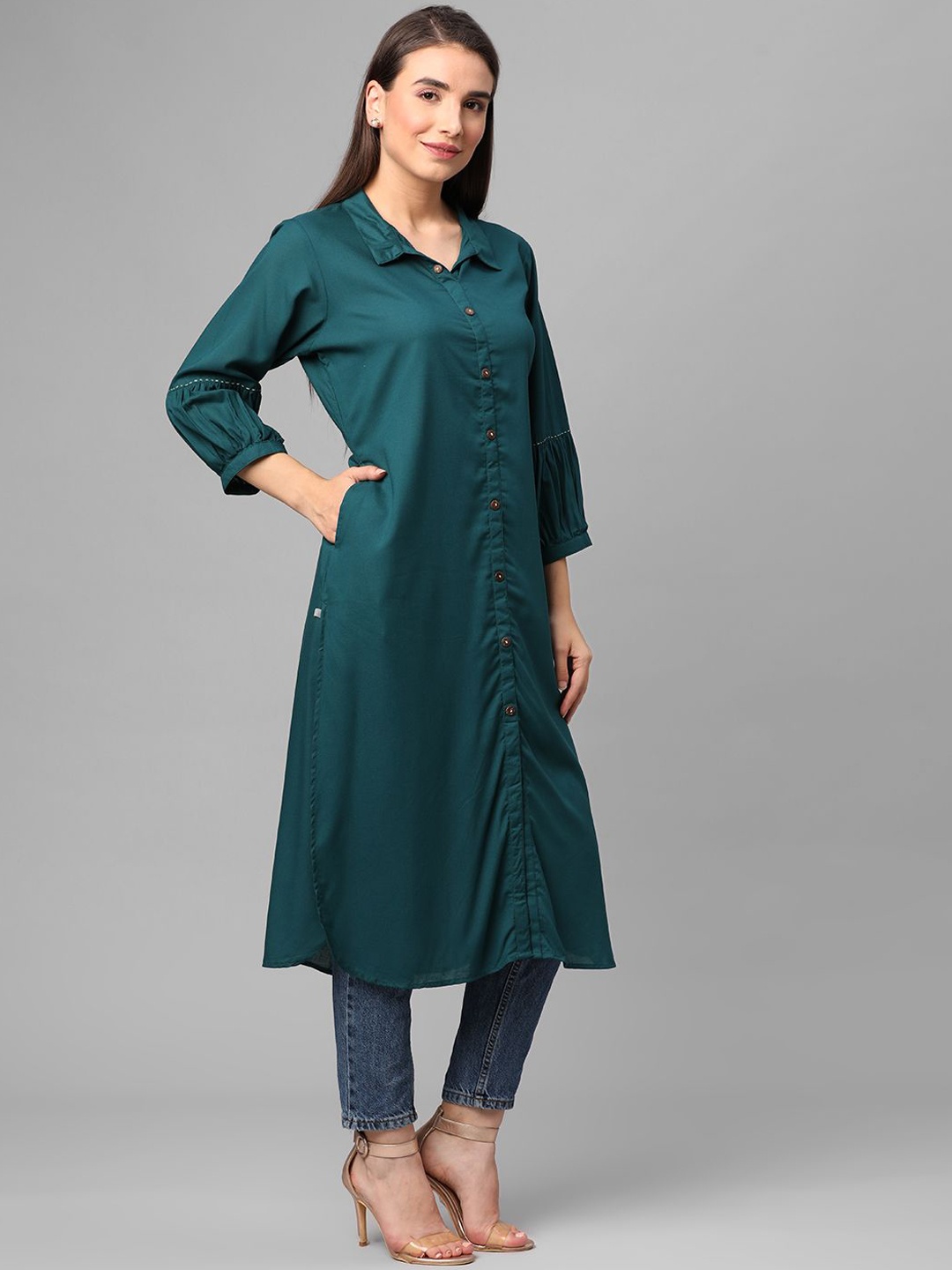 

Shree Women Thread Work Liva Kurta, Green
