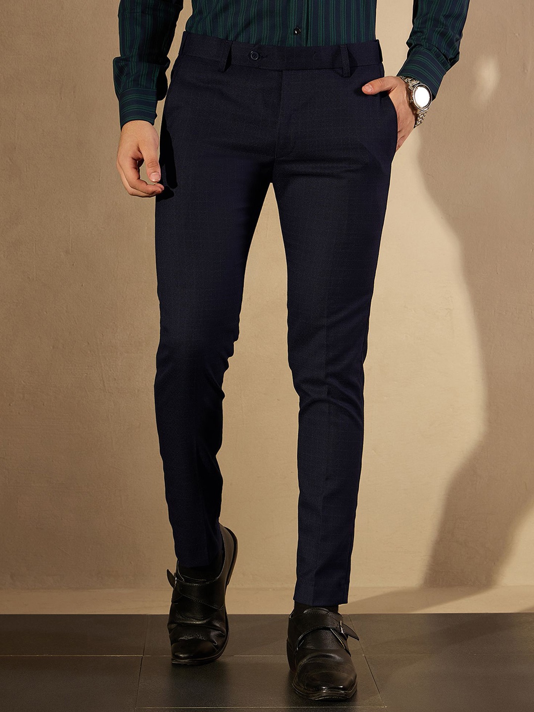 

DENNISON Men Autofit Flexi waist Checked Trouser, Navy blue