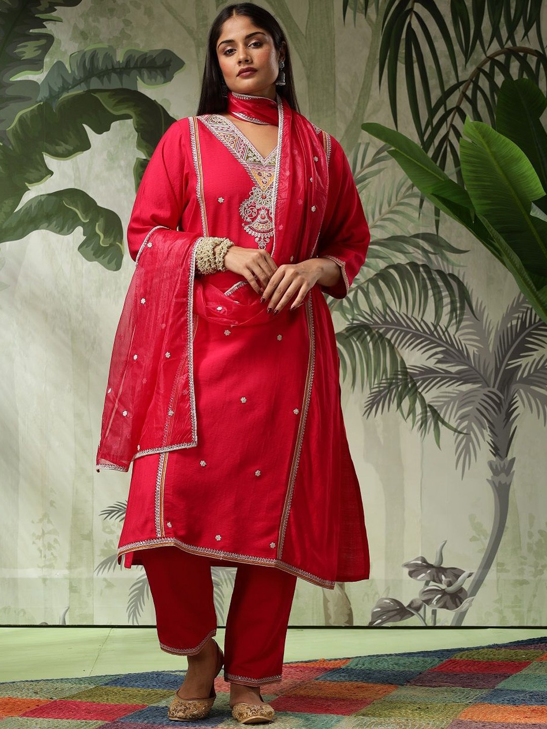 

Bani Women Ethnic Motifs Embroidered Zari Straight Kurta With Palazzos & Dupatta, Fuchsia