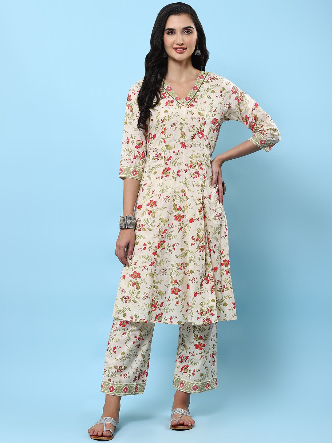 

Shree Floral Printed V-Neck Pure Cotton A-Line Kurta With Trousers, Off white