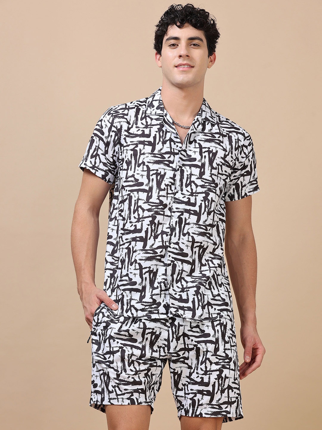 

Bushirt Printed Shirt & Shorts Co-Ords Set, Black