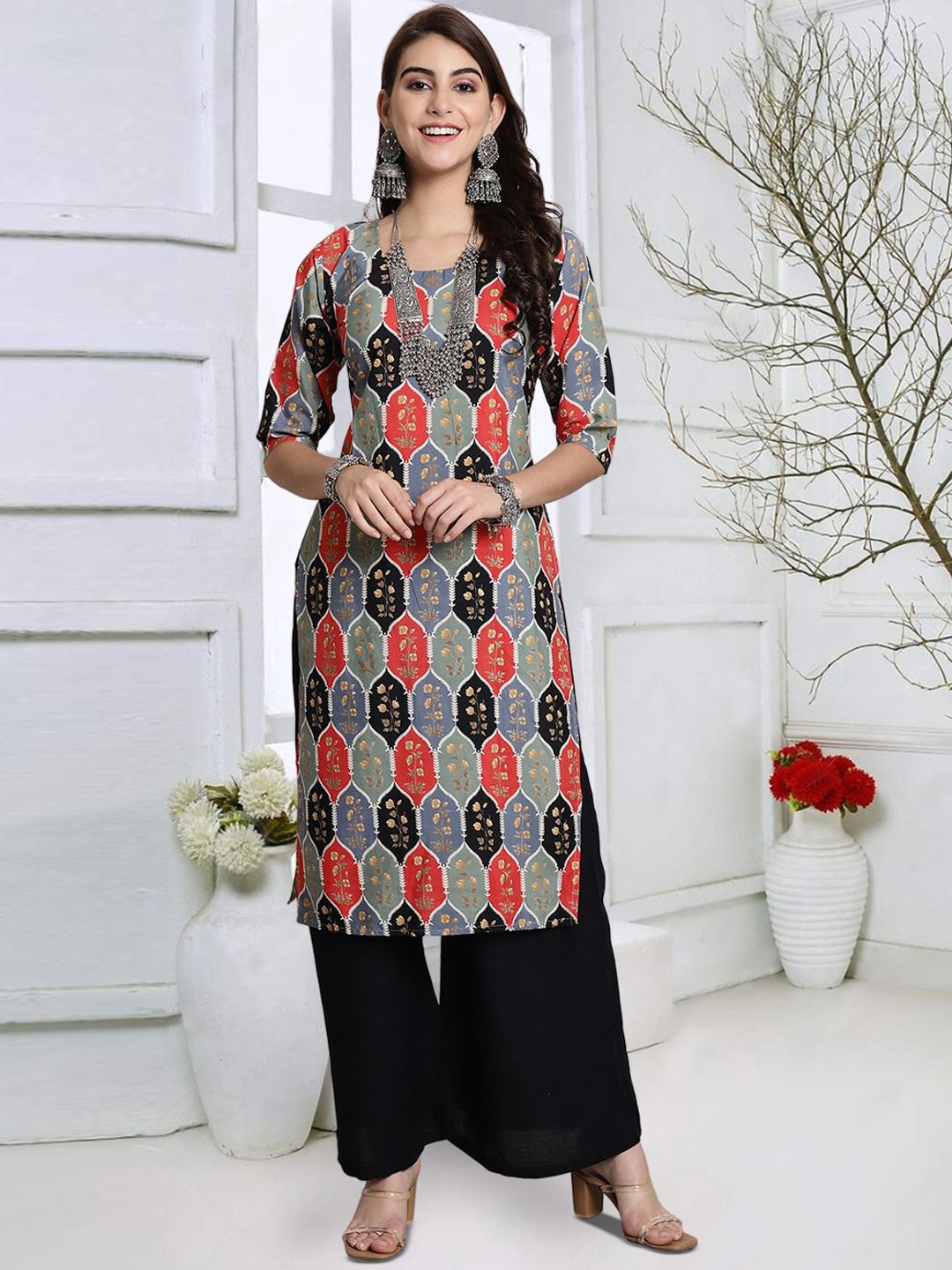 

7Threads Geometric Printed Crepe Straight Kurta, Grey