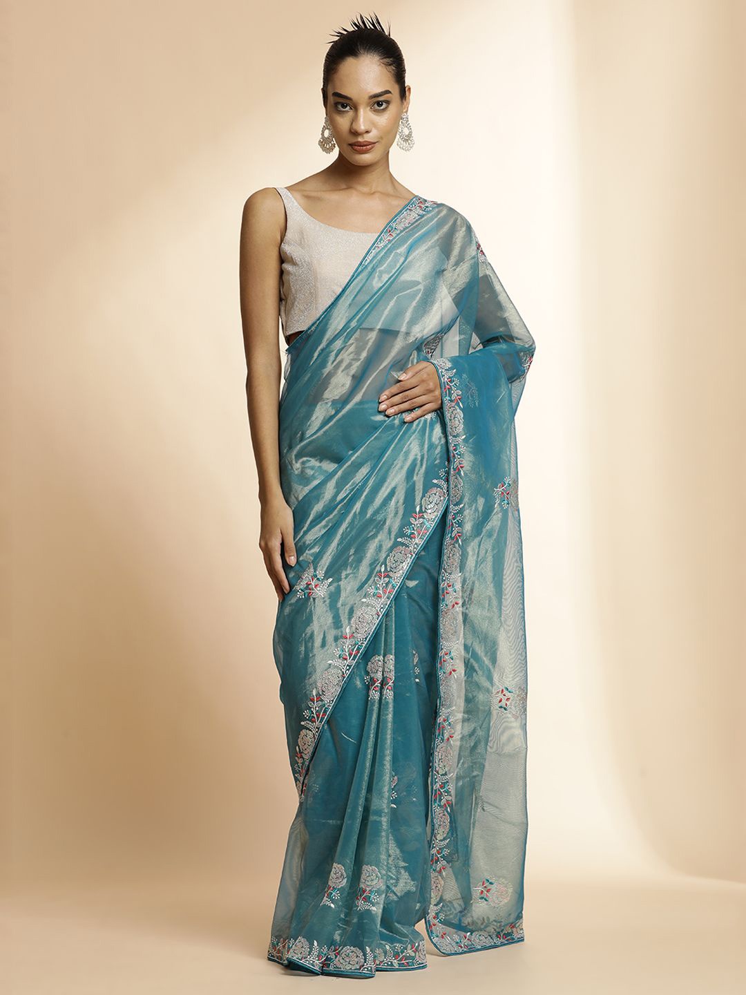 

Jaipur Kurti Embellished Sequinned Net Saree, Blue