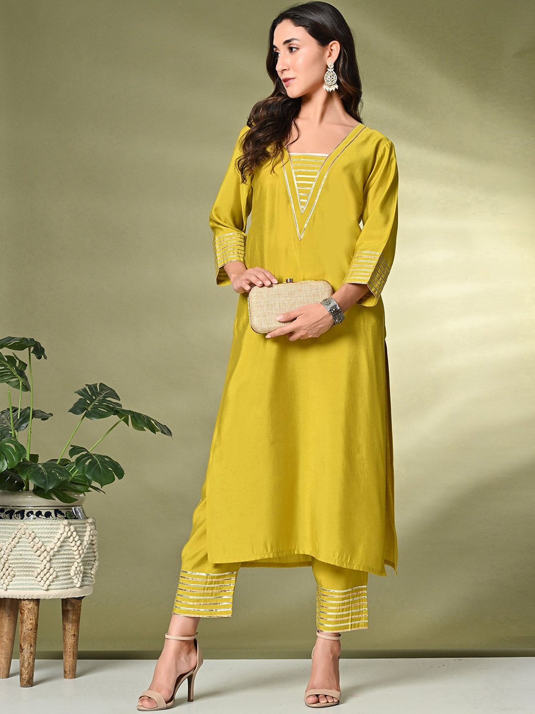 

Sangria Lime Green Gotta Patti A-Line Kurta With Palazzo