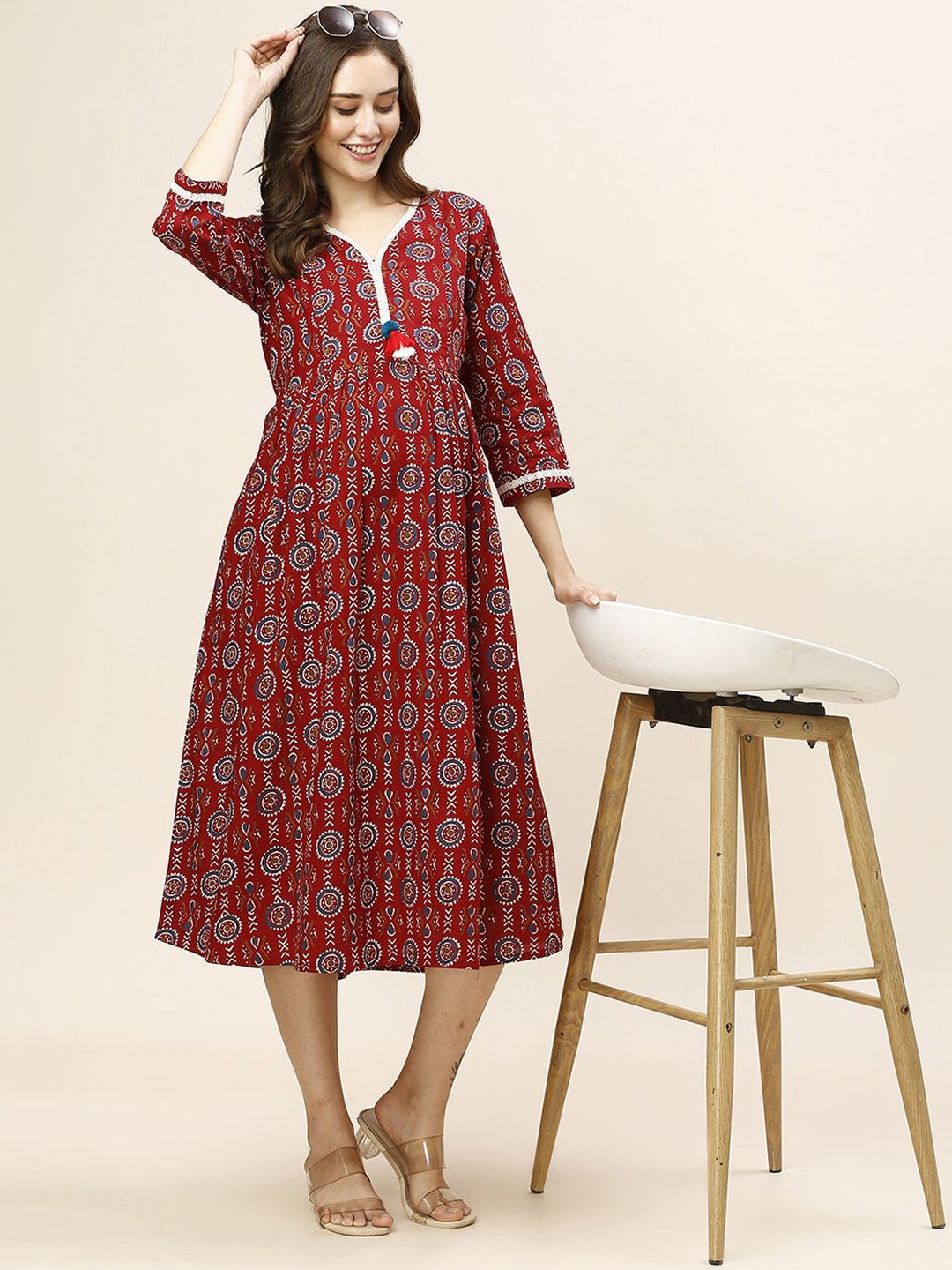 

MomToBe Ethnic Motifs Printed Cotton Maternity A-Line Midi Ethnic Dress, Maroon