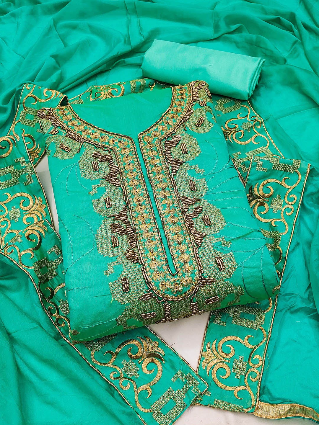 

KIMISHA Paisley Embroidered Zari Unstitched Dress Material, Green