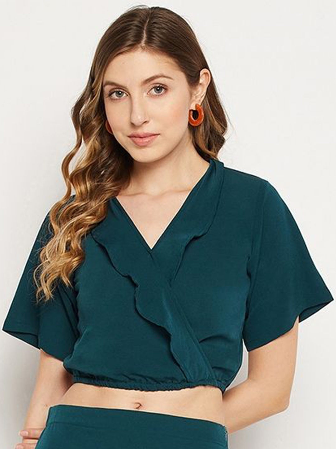 

Murcia Bell Sleeve Crepe Crop Top, Green
