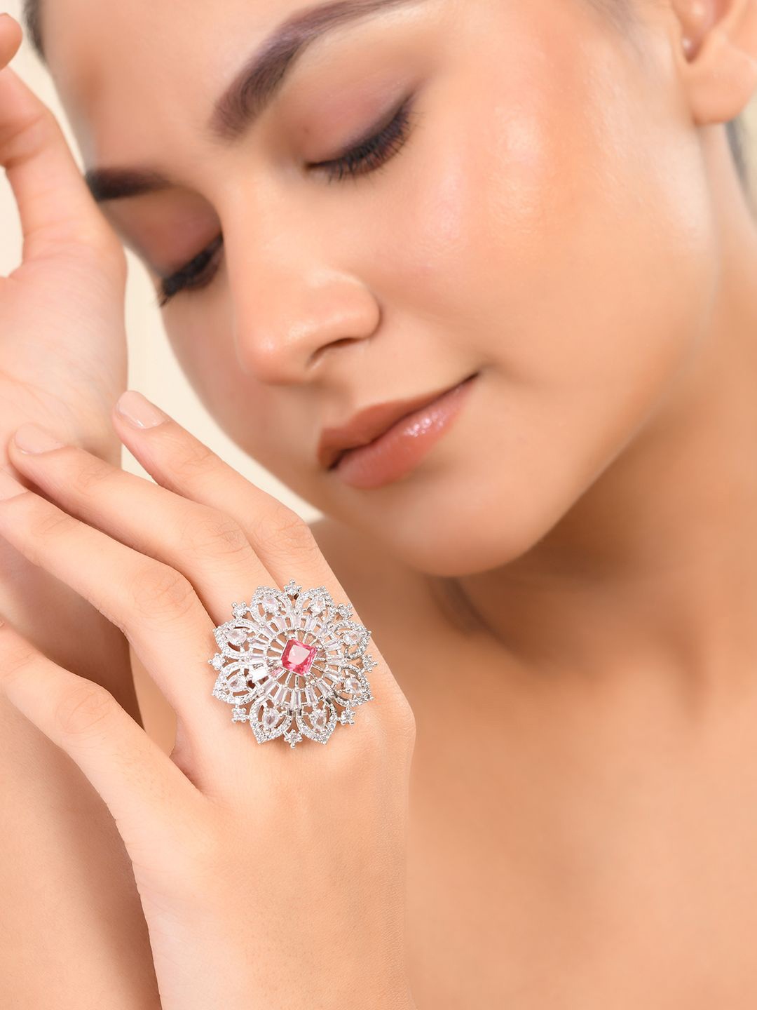 

Silvermerc Designs Silver-Plated American Diamond-Studded Cocktail Finger Ring