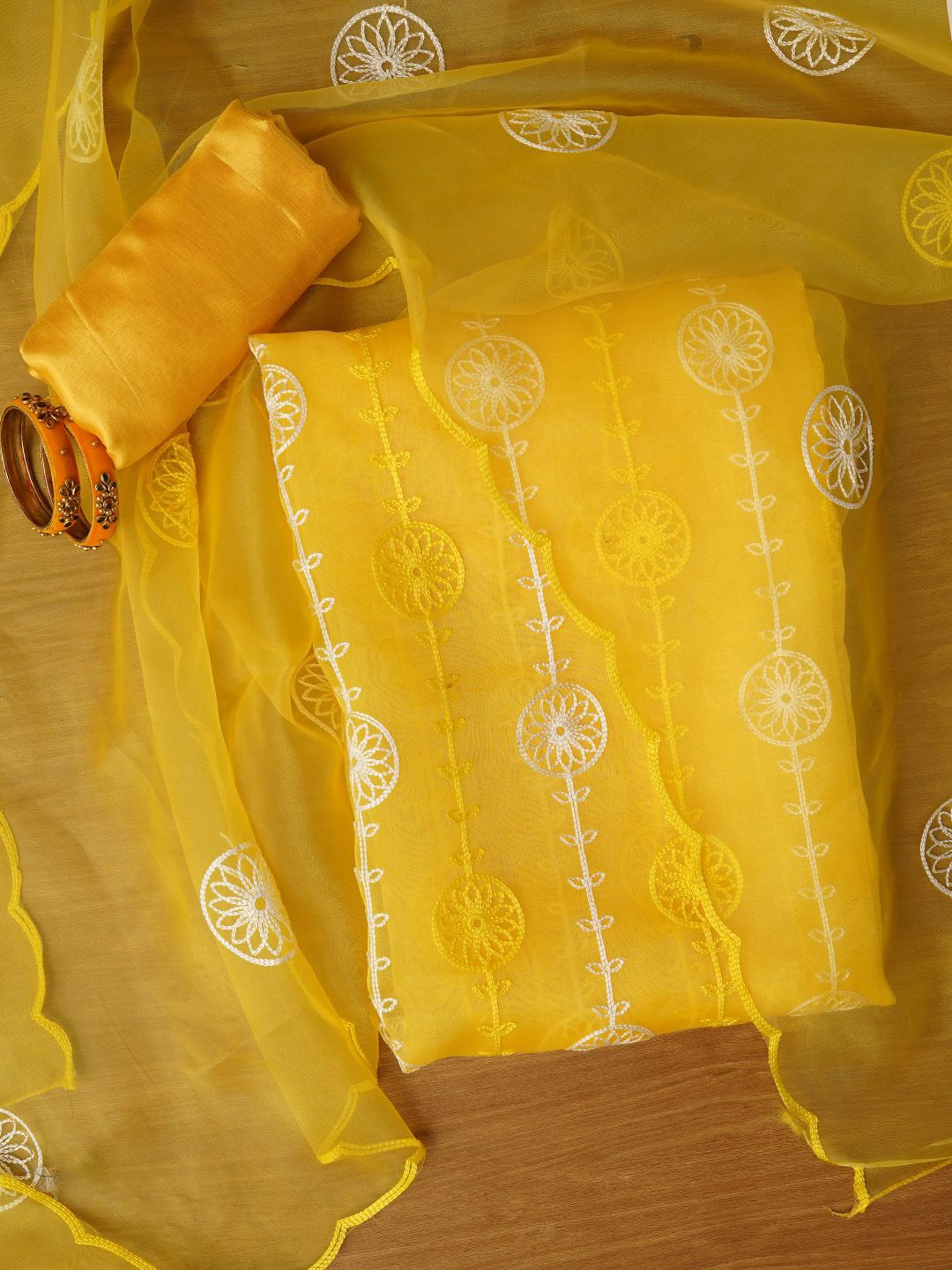 

Jaipur Kurti Unstitched Embroidered Organza Dress Material With Dupatta, Yellow