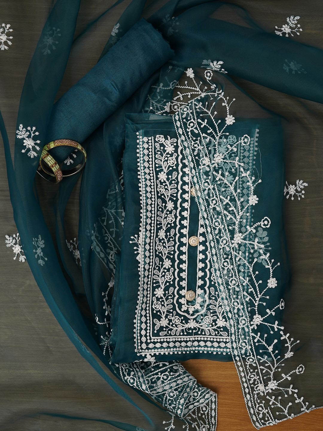 

Jaipur Kurti Unstitched Embroidered Organza Dress Material With Dupatta, Blue