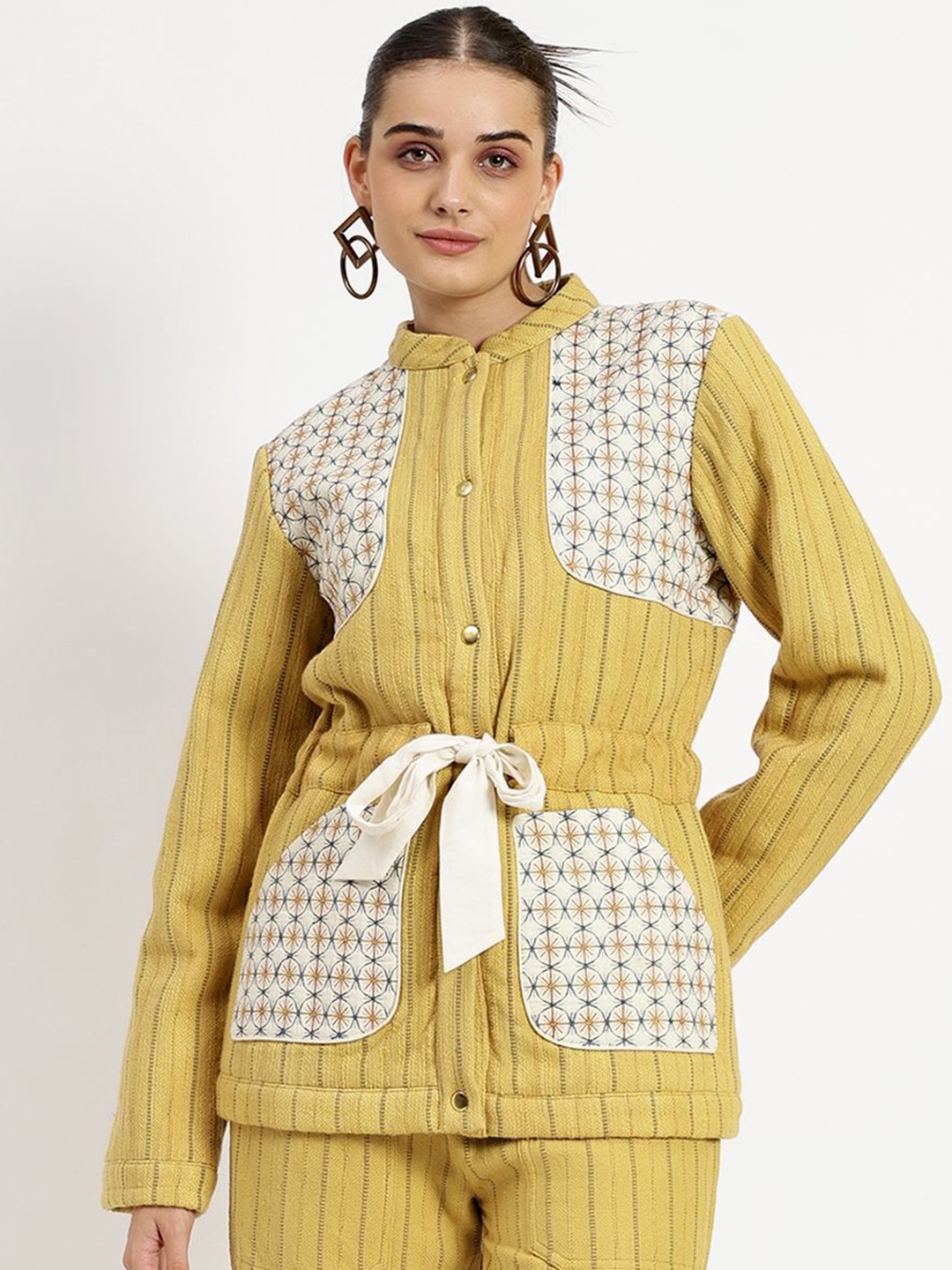 

Saint G Women Ethnic Motifs Mandarin Collar Cotton Top, Yellow