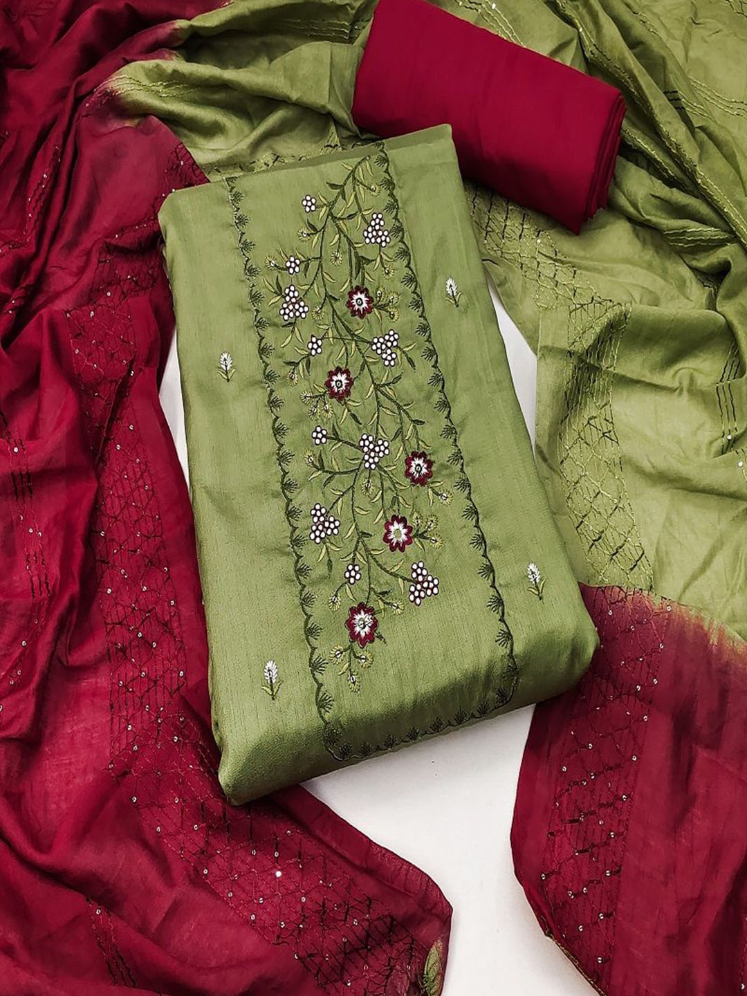 

KRITVA FASHION Floral Embroidered Jute Cotton Semi-Stitched Dress Material, Green
