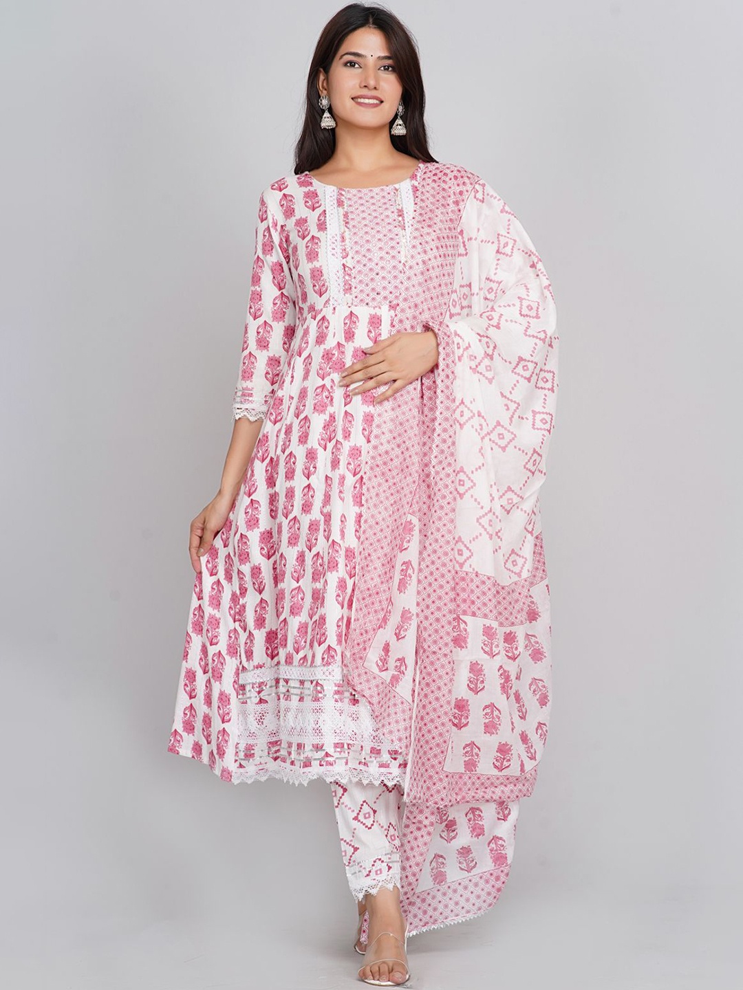 

KALINI Floral Printed Pleated Anarkali Kurta with Trousers & Dupatta, White