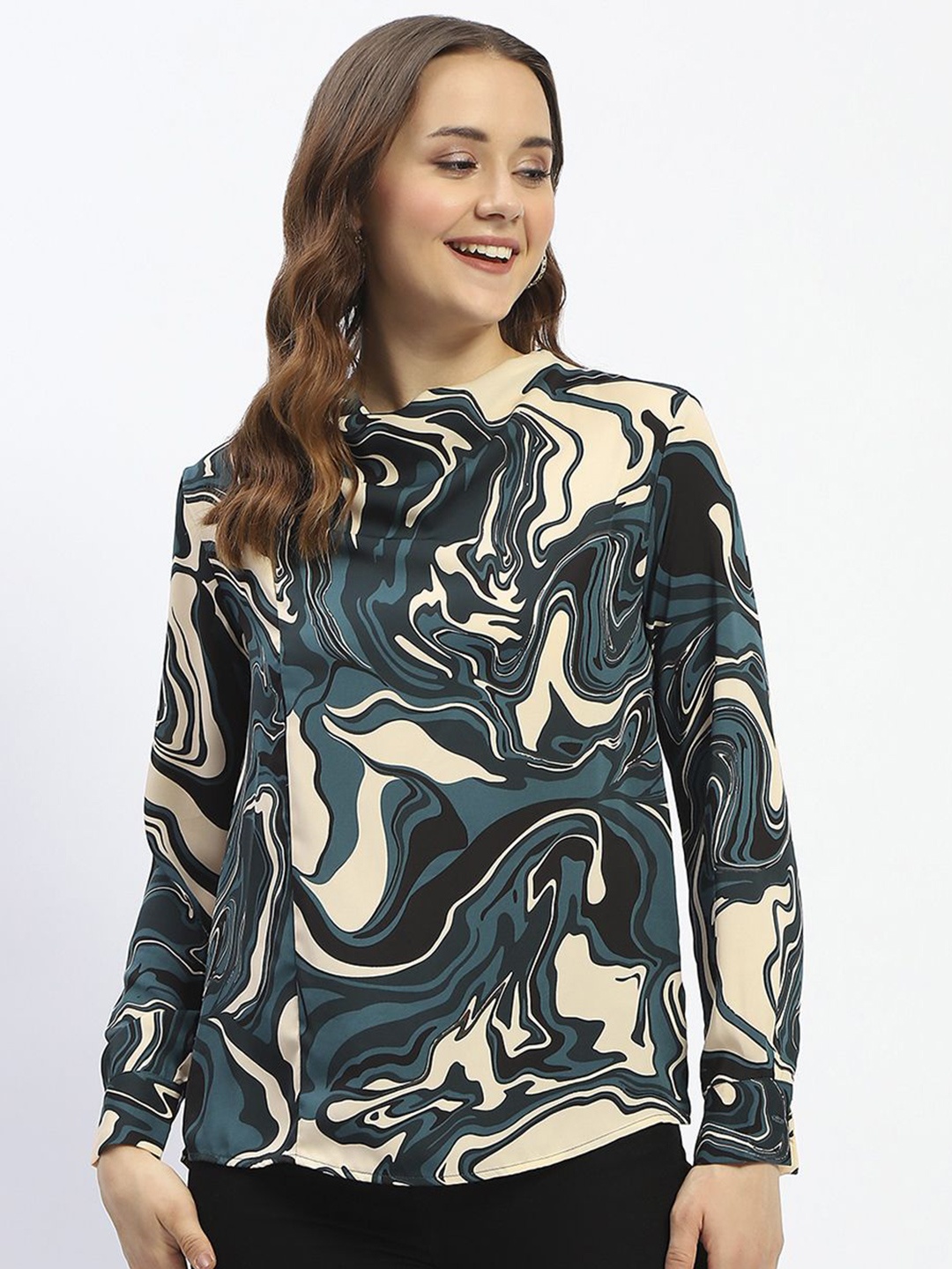 

Madame Women Abstract Printed Round Neck Top, Teal
