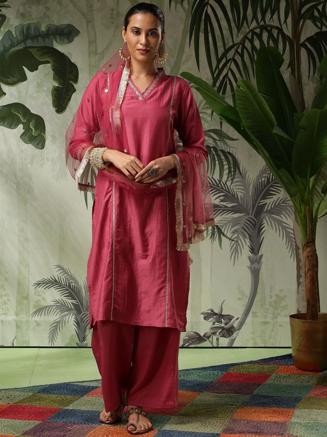 

Bani Women Floral Embroidered Gotta Patti Pakistani Style Kurta & Palazzo & Dupatta, Pink
