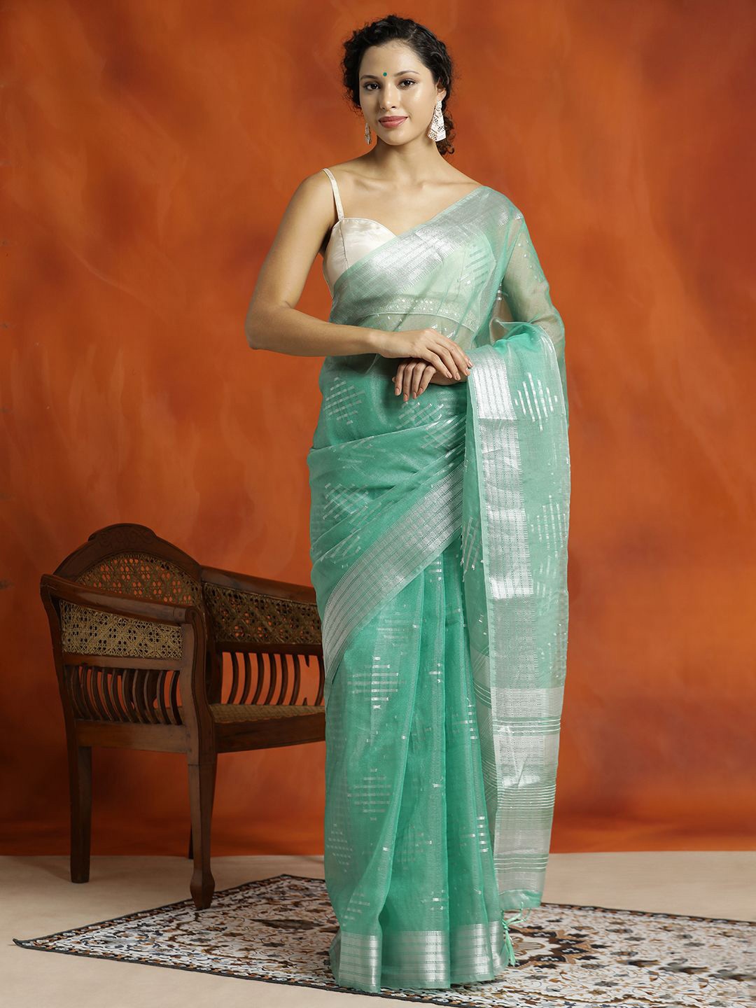 

Jaipur Kurti Zari Woven Design Banarasi Organza Saree, Sea green