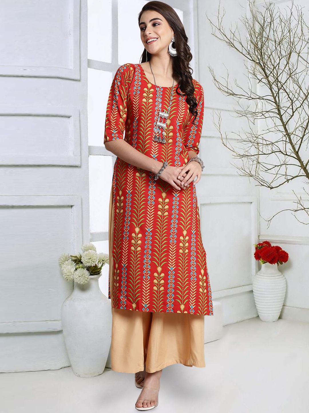 

7Threads Floral Printed Round Neck Crepe Straight Kurta, Red