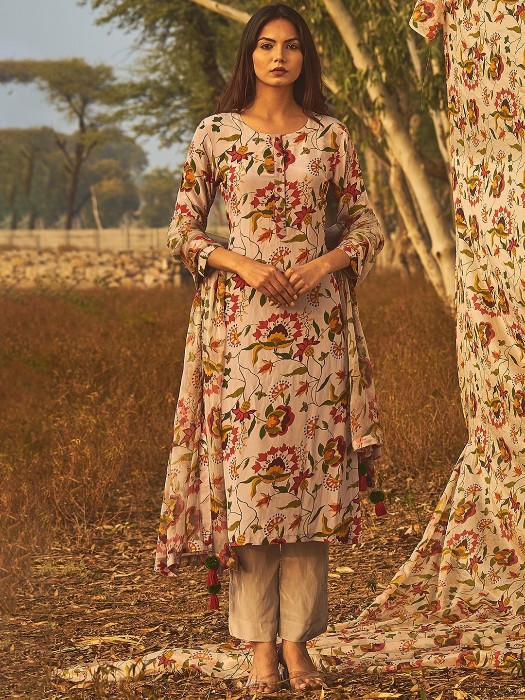

Anni Designer Floral Printed Straight Kurta With Trouser & Dupatta, Grey