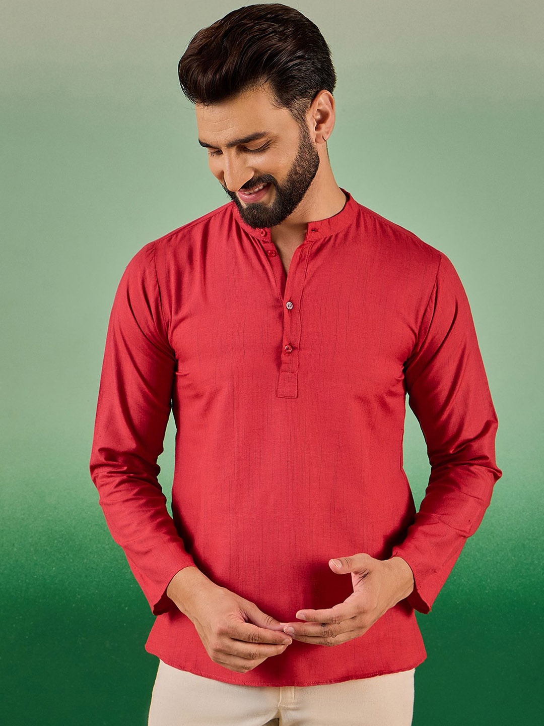 

Sangria Red Mandarin Collar Cotton Straight Short Kurta
