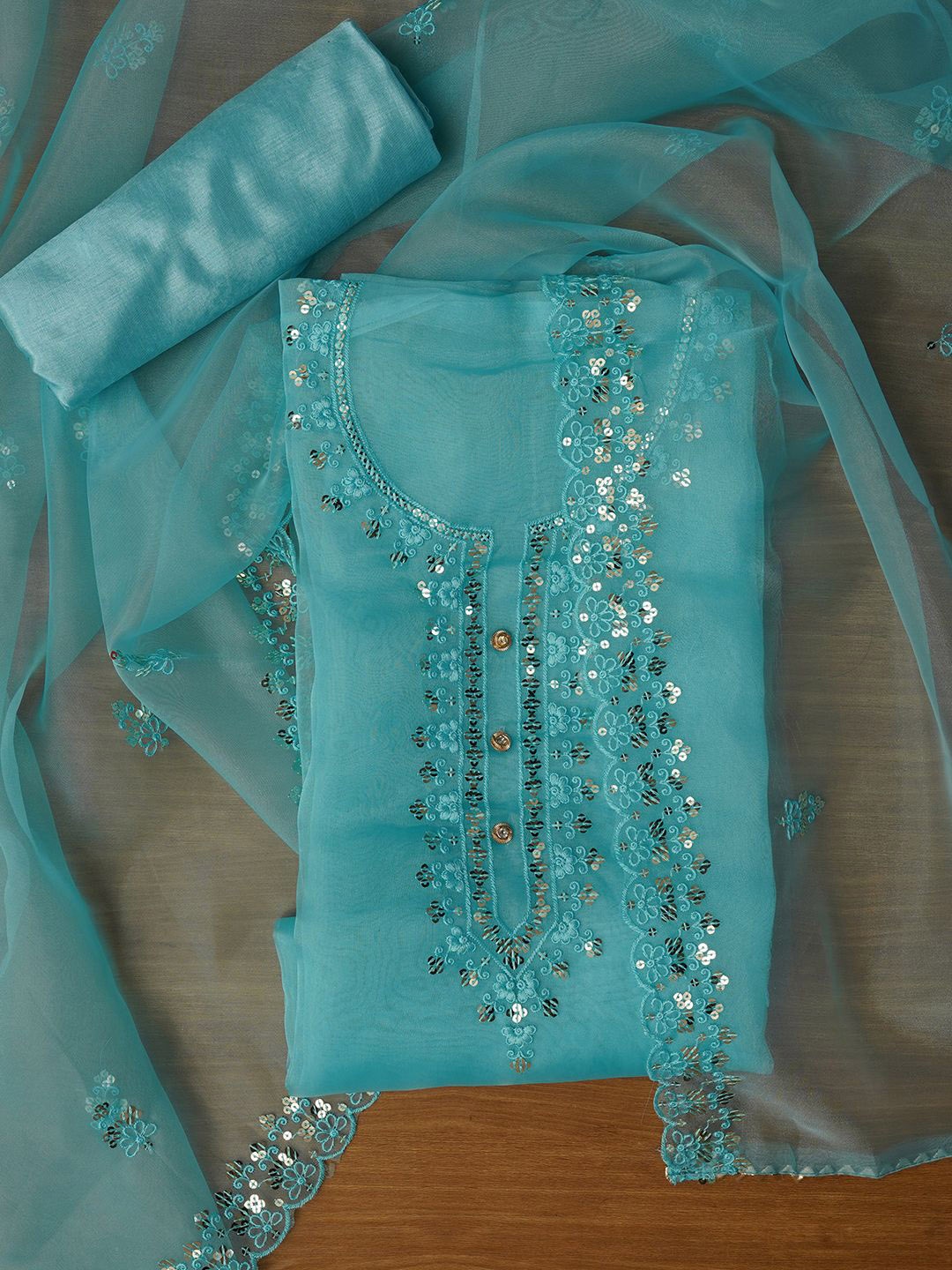 

Jaipur Kurti Unstitched Embroidered Organza Dress Material With Dupatta, Green