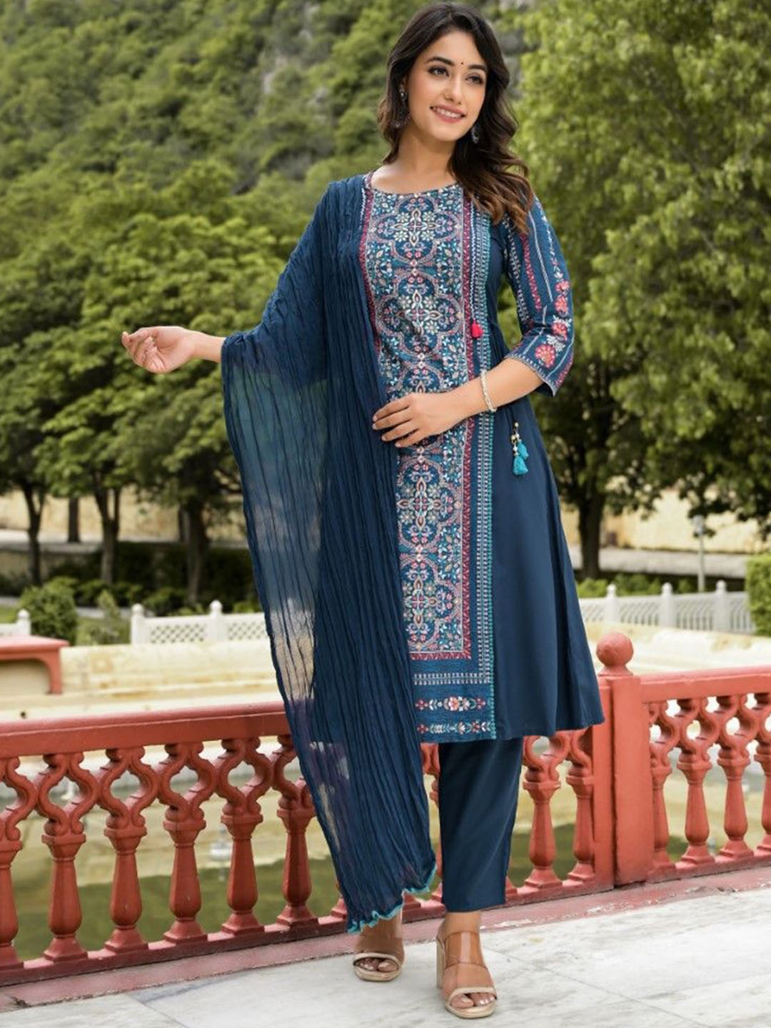 

Juniper Floral Printed Thread Work A-Line Liva Kurta With Trousers & Dupatta, Blue