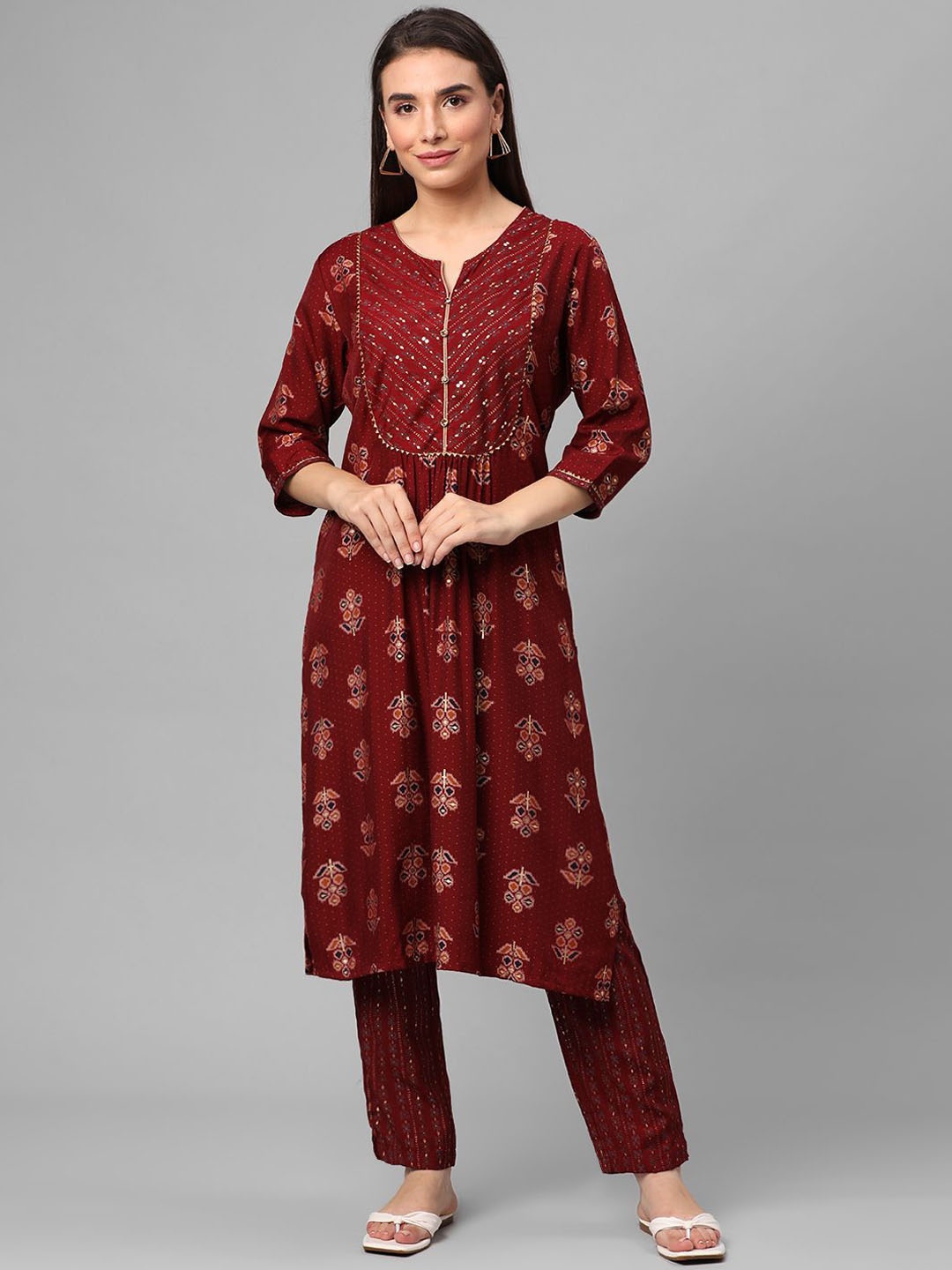 

Shree Floral Printed Regular Sequinned Liva Straight Kurta with Trousers, Red