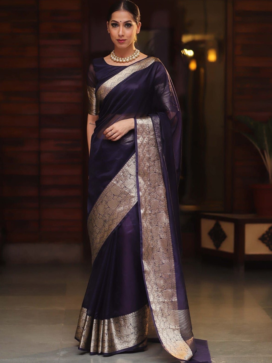 

LeeliPeeri Designer Zari Woven Design Solid Organza Saree, Navy blue