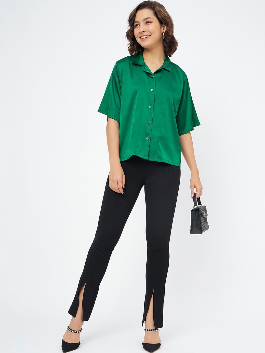 

Murcia Mandarin Collar Satin Crop Top, Green