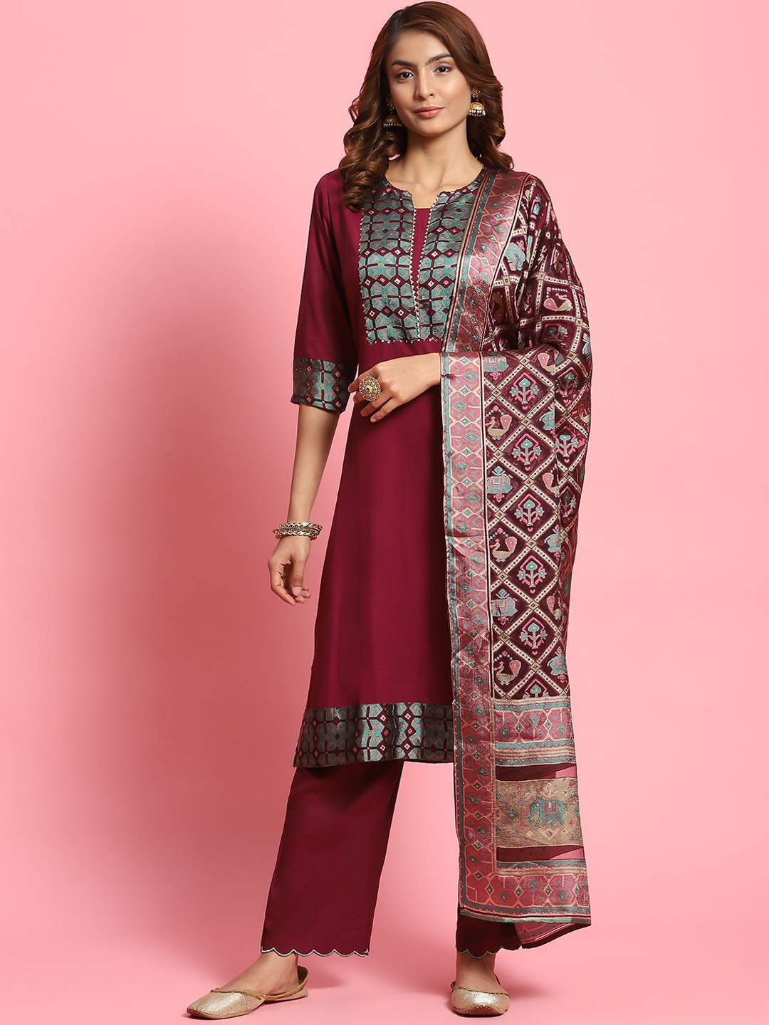 

Shree Geometric Printed Sequinned Straight Kurta With Trousers & Dupatta, Purple