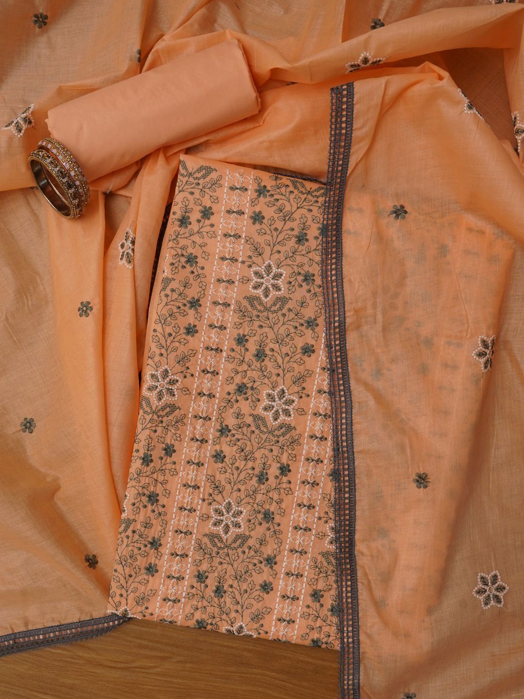 

Jaipur Kurti Unstitched Embroidered Pure Cotton Dress Material With Dupatta, Peach