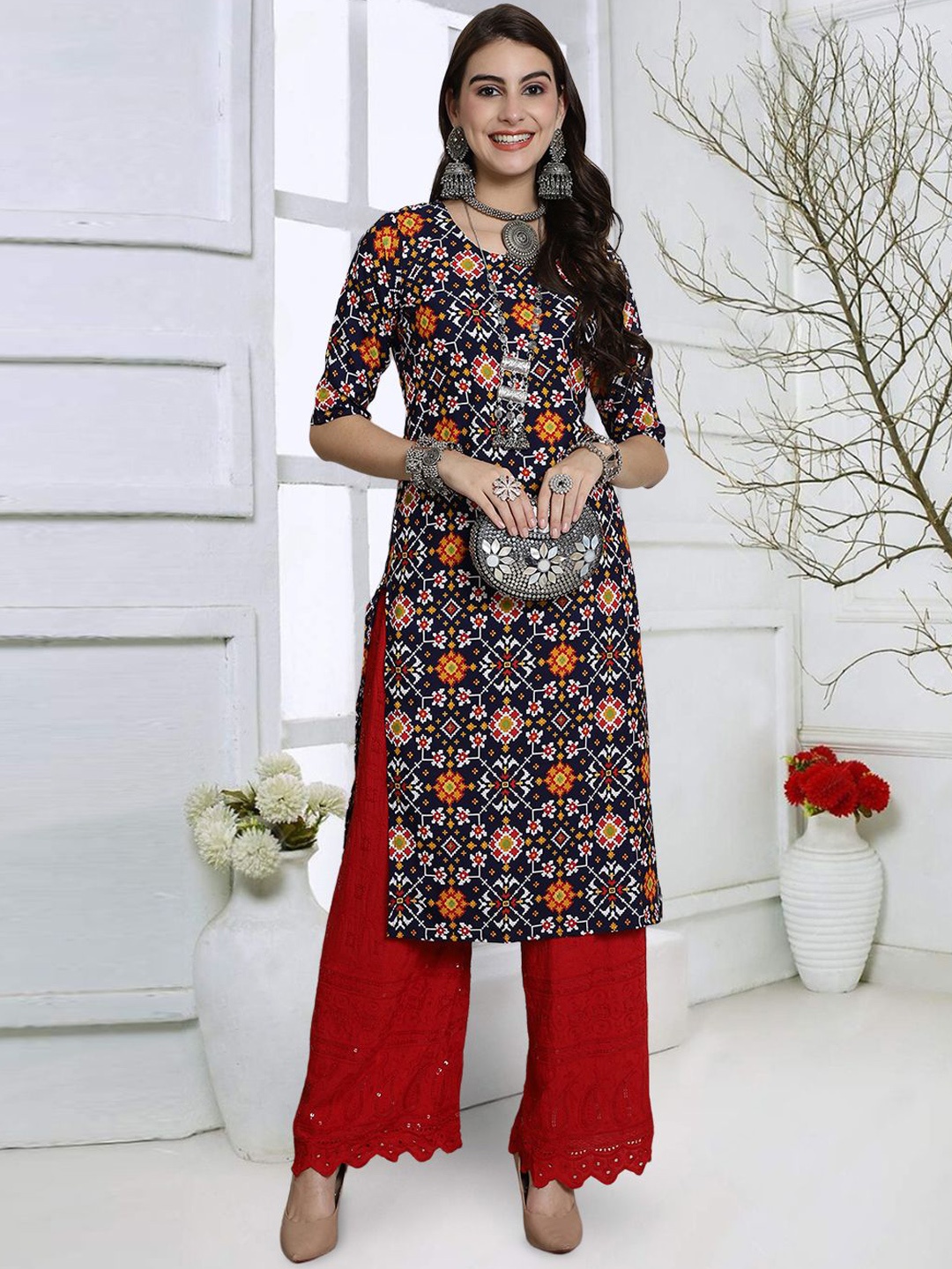 

7Threads Ethnic Motifs Printed Straight Kurta, Blue