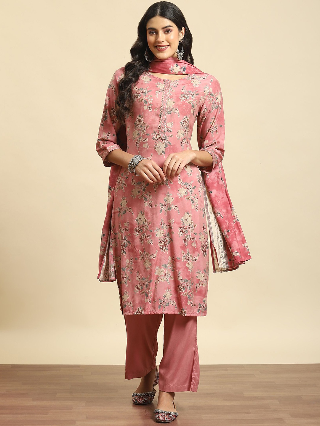 

Shree Floral Printed Gotta Patti Straight Kurta With Trousers & Dupatta, Pink
