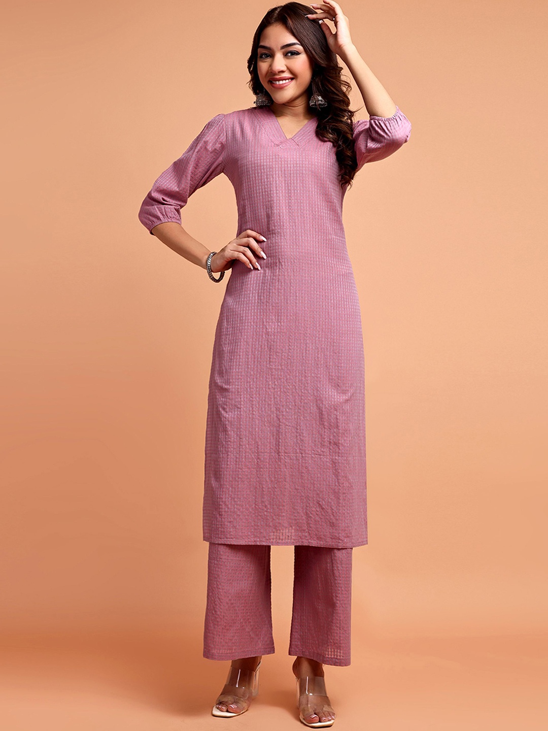 

Vastara the Label Checked V-Neck Pure Cotton Kurta With Trousers, Mauve