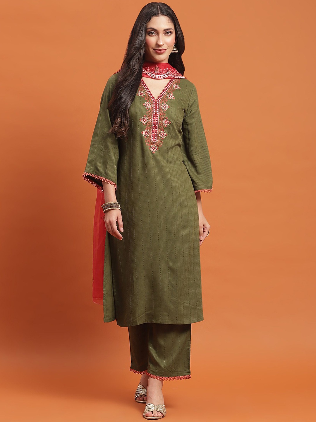 

Shree Yoke Design Sequined Mirror Work Liva Kurta With Trousers & Dupatta, Olive