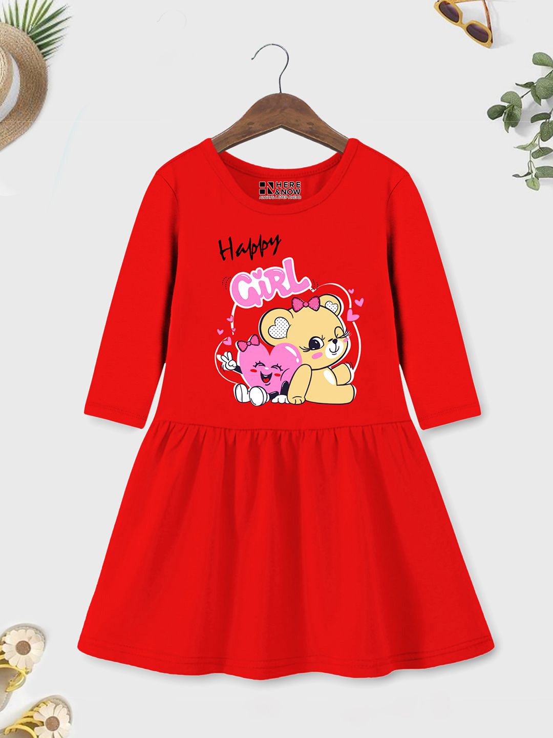 

HERE&NOW Girls Graphic Printed A-Line Dress, Red