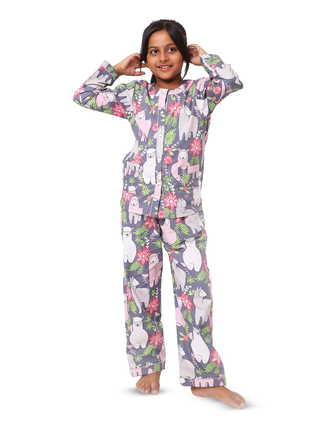 

Sleepy tots Girls Printed Pure Cotton Night suit, Grey